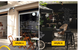 Imagens lado a lado de duas opções de mesas ao ar livre em cafés rotulados como